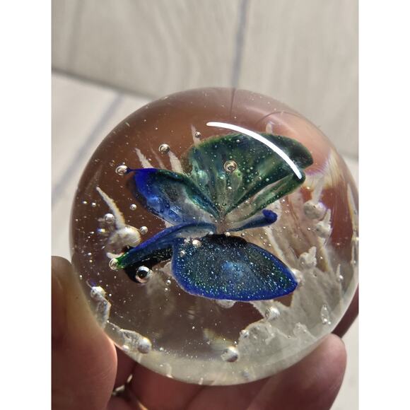 Vintage Glass Paperweight w/ Green & Blue Butterfly 2 1/2" Art Glass Beautiful - Picture 6 of 13